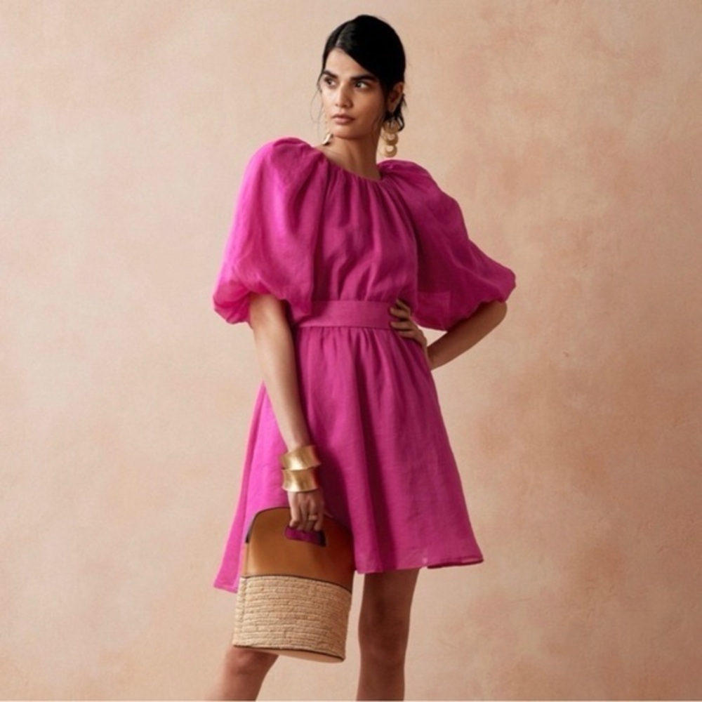 BANANA REPUBLIC Ramie Open Back Pink Puff Sleeve Mini Dress L Party Vacation